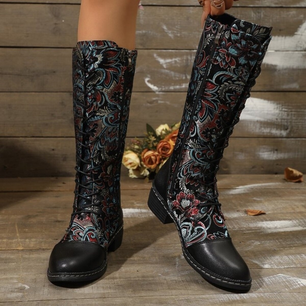 Victorian Floral Lace-Up Vegan Leather Tall Boots Retro Vintage Renaissance Shoe